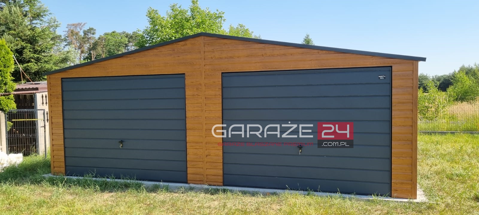 Garaż blaszany PREMIUM 7x6m , jasny orzech + grafit, dwie bramy uchylne , wzmocniony profilem zamkniętym ocynkowanym - obrazek 2