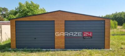 Garaż blaszany PREMIUM 7x6m , jasny orzech + grafit, dwie bramy uchylne , wzmocniony profilem zamkniętym ocynkowanym