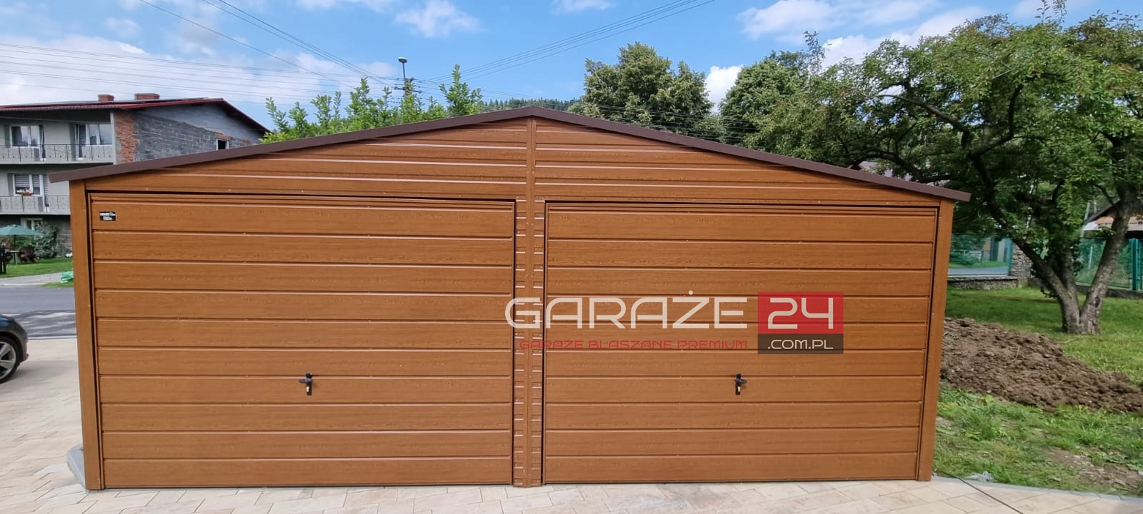 Garaż blaszany na zgłoszenie , 6x5m , do 35m2, złoty dąb, dwie bramy uchylne , wzmocniony profilem zamkniętym ocynkowanym