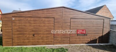Garaż blaszany PREMIUM 8x6m, ciemny orzech, dwie bramy uchylne , wzmocniony profilem zamkniętym ocynkowanym