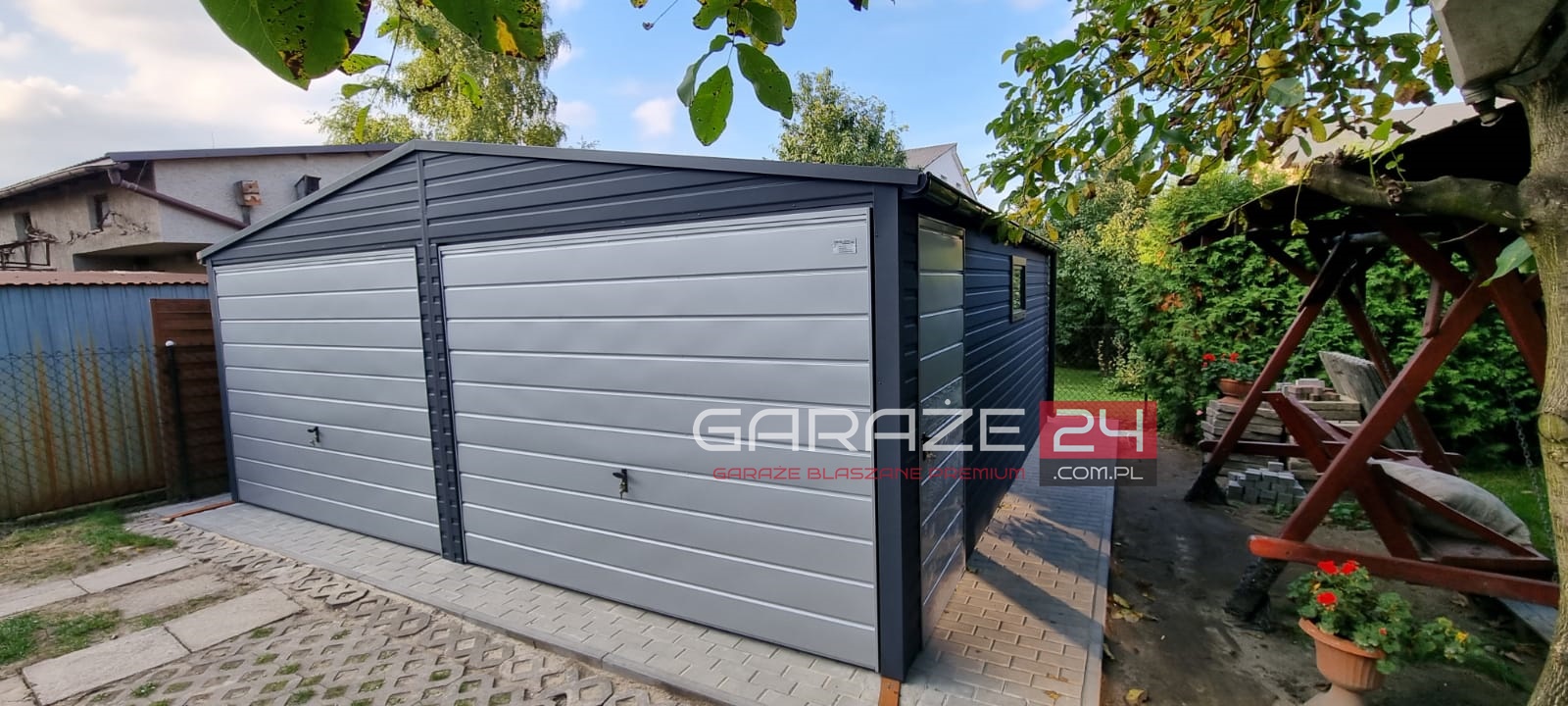 Garaż blaszany na zgłoszenie , 6x5,8m do 35m2 ,grafit mat + srebrny, dwie bramy uchylne , drzwi , okno, wzmocniony profilem zamkniętym ocynkowanym - obrazek 5