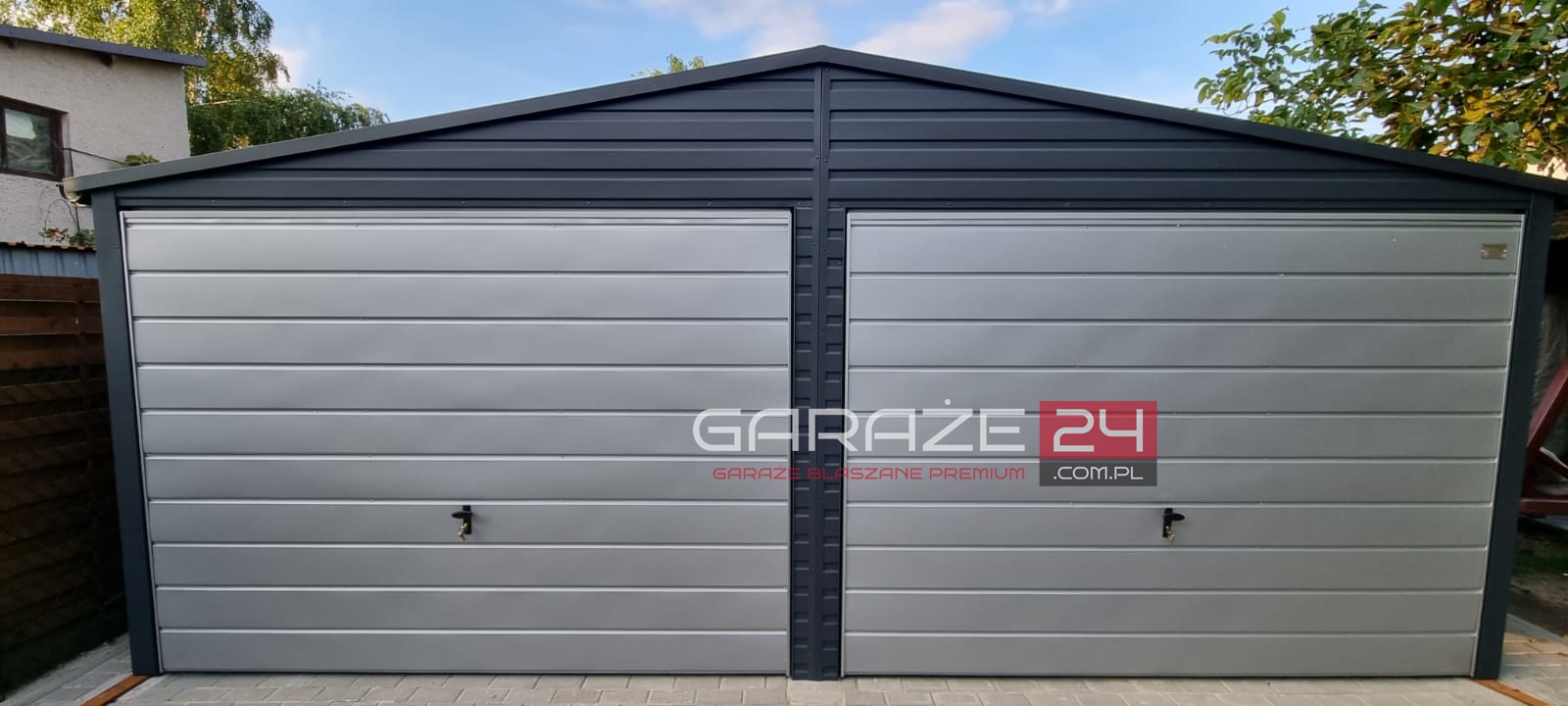 Garaż blaszany na zgłoszenie , 6×5,8m do 35m2 ,grafit mat + srebrny, dwie bramy uchylne , drzwi , okno, wzmocniony profilem zamkniętym ocynkowanym