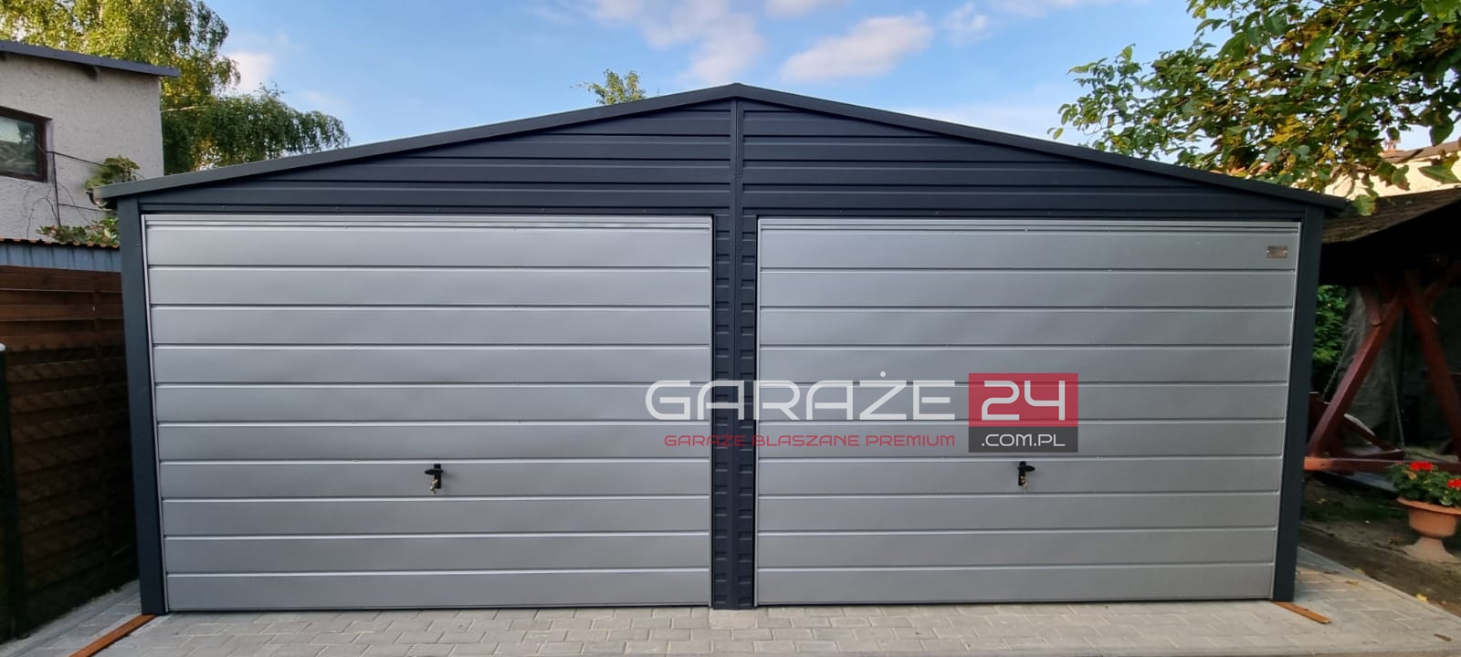Garaż blaszany na zgłoszenie , 6x5,8m do 35m2 ,grafit mat + srebrny, dwie bramy uchylne , drzwi , okno, wzmocniony profilem zamkniętym ocynkowanym - obrazek 6