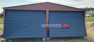 Garaż blaszany na zgłoszenie , 6x5,80m do 35m2, ciemny orzech +grafit mat, dwie bramy uchylne, drzwi, wzmocniony profilem zamkniętym ocynkowanym