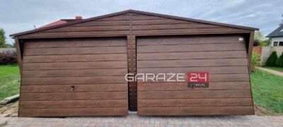 Garaż blaszany na zgłoszenie,  6x5m, do 35m2, ciemny orzech, dwie bramy uchylne, wzmocniony profilem zamkniętym ocynkowanym