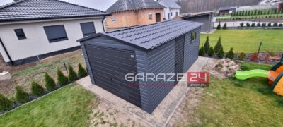 Garaż blaszany 3,5x6m, PREMIUM, grafit+czarny, blachodachówka,drzwi ,okno, filc pod dachem ,wzmocniony profilem zamkniętym ocynkowanym