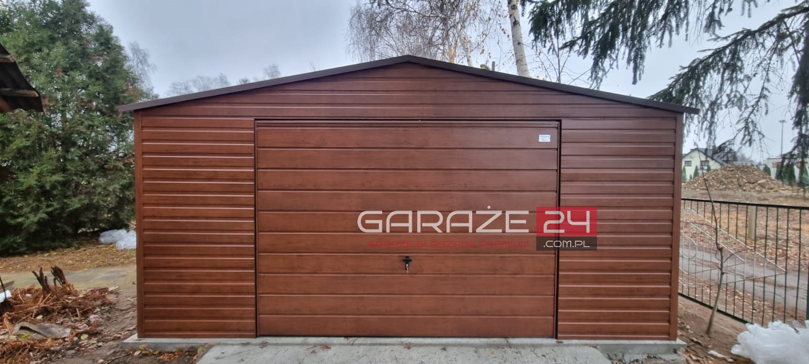 Garaż blaszany na zgłoszenie , 5x6m, do 35m2, ciemny orzech, brama uchylna , wzmocniony profilem zamkniętym ocynkowanym