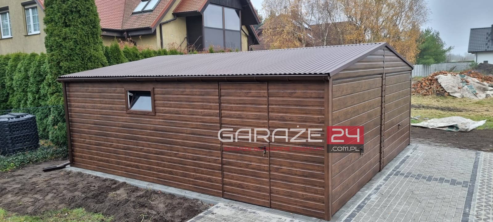 Garaż blaszany na zgłoszenie, 6x5,80m ,do 35m2, ciemny orzech, dwie bramy uchylne , wzmocniony profilem zamkniętym ocynkowanym - obrazek 5
