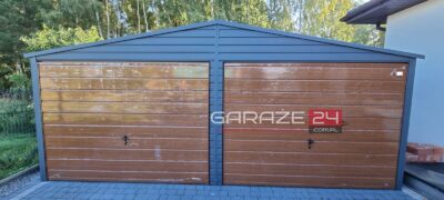 Garaż blaszany na zgłoszenie, 6x5,80m , do 35m2, grafit + złoty dąb, dwie bramy uchylne , wzmocniony profilem zamkniętym ocynkowanym