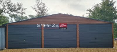 Garaż blaszany PREMIUM 9x6m złoty dąb, trzy bramy uchylne ,wzmocniony profilem zamkniętym ocynkowanym