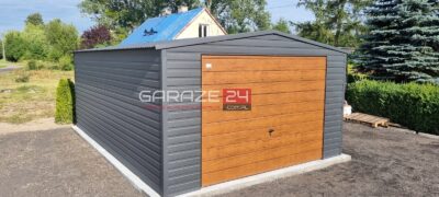 Garaż blaszany na zgłoszenie , 4x6m, grafit mat + jasny orzech, brama uchylna, wzmocniony profilem zamkniętym ocynkowanym