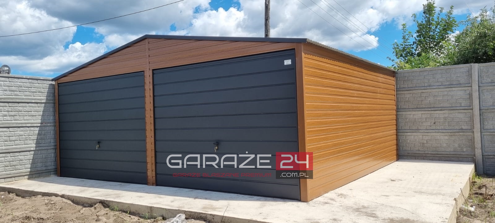 Garaż blaszany na zgłoszenie , 6x5m , złoty dąb + grafit mat, dwie bramy uchylne, wzmocniony profilem zamkniętym ocynkowanym - obrazek 2