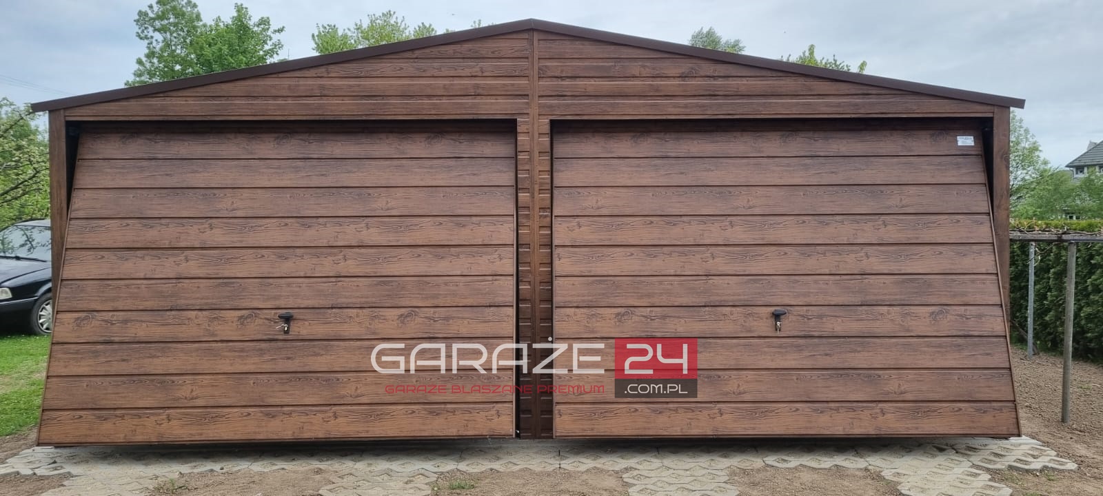Garaż blaszany na zgłoszenie 6x5m , do 35m2, ciemny orzech , dwie bramy uchylne , wzmocniony profilem zamkniętym ocynkowanym