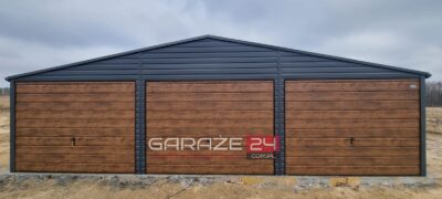 Garaż blaszany PREMIUM 9x5m ,grafit mat + ciemny orzech, trzy bramy uchylne, wzmocniony profilem zamkniętym ocynkowanym