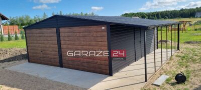 Garaż blaszany PREMIUM 8m szeroki ( 6m garaż + 2m wiata) 6m długi, czarny mat + ciemny orzech, wzmocniony profilem zamkniętym ocynkowanym