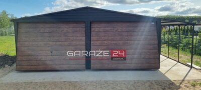 Garaż blaszany PREMIUM 7m szeroki ( 6m garaż + 1m wiata ) 6m długi , czarny mat + ciemny orzech , wzmocniony profilem zamkniętym ocynkowanym