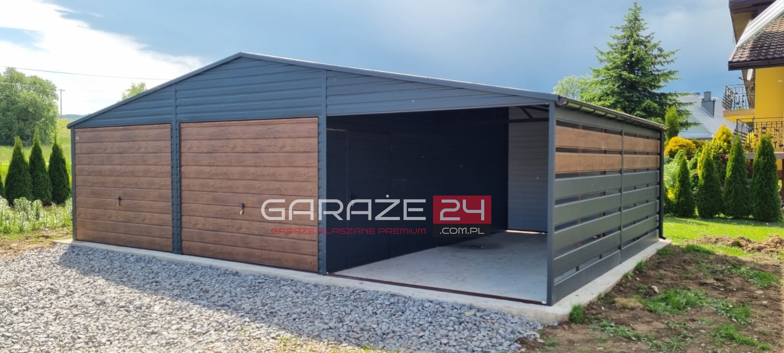 Garaż blaszany Premium, 9m ( 6m garaż + 3m wiata ) 6m długi , grafit mat + ciemny orzech, wzmocniony profilem zamkniętym ocynkowanym - obrazek 2