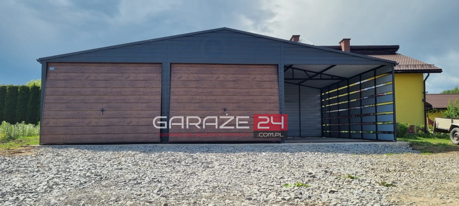Garaż blaszany Premium, 9m ( 6m garaż + 3m wiata ) 6m długi , grafit mat + ciemny orzech, wzmocniony profilem zamkniętym ocynkowanym - obrazek 5