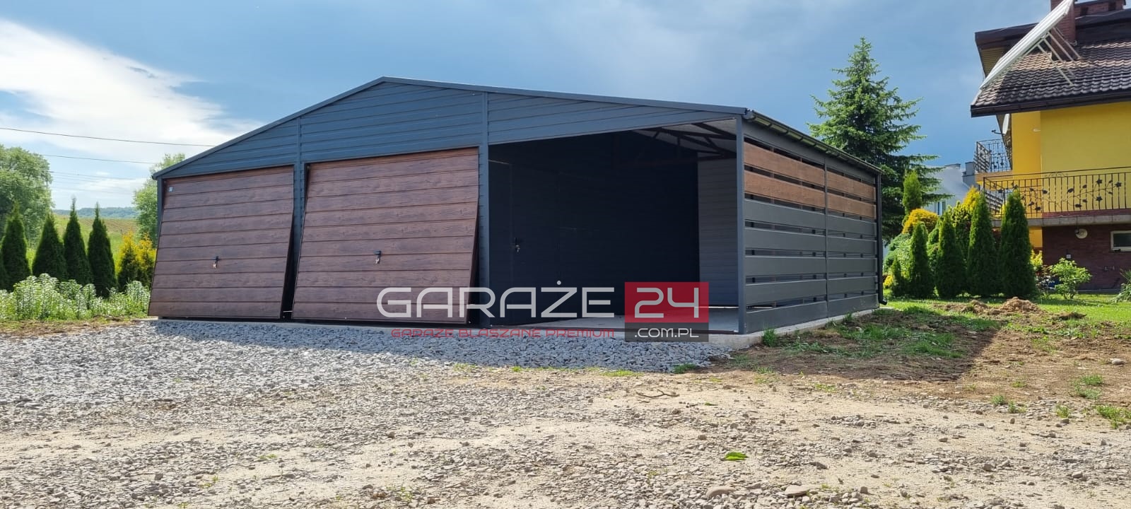 Garaż blaszany Premium, 9m ( 6m garaż + 3m wiata ) 6m długi , grafit mat  + ciemny orzech, wzmocniony profilem zamkniętym ocynkowanym