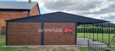 Garaż blaszany PREMIUM 9m szeroki ( 6m garaż + 3m wiata ) 6m długi , grafit mat + orzech, wzmocniony profilem zamkniętym ocynkowanym