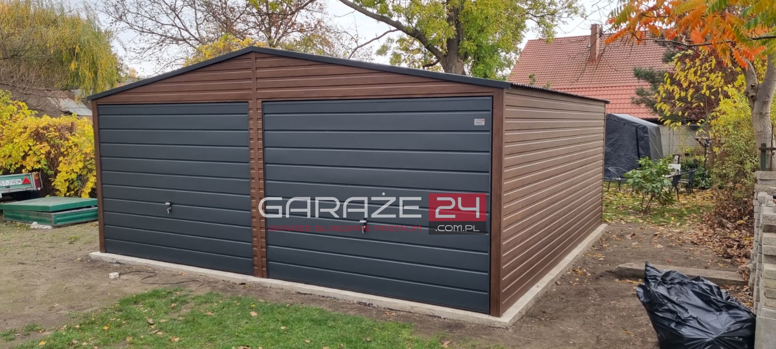 Garaż blaszany PREMIUM 6x5,80m, do 35m2 na zgłoszenie ,ciemny orzech + grafit , podwyższony o 10cm, wzmocniony profilem zamkniętym ocynkowanym - obrazek 5