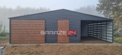 Garaż blaszany Premium, 9m szeroki ( 6m garaż + 3m wiata) 6m długi, brama uchylna , drzwi ,wzmocniony profilem zamkniętym ocynkowanym