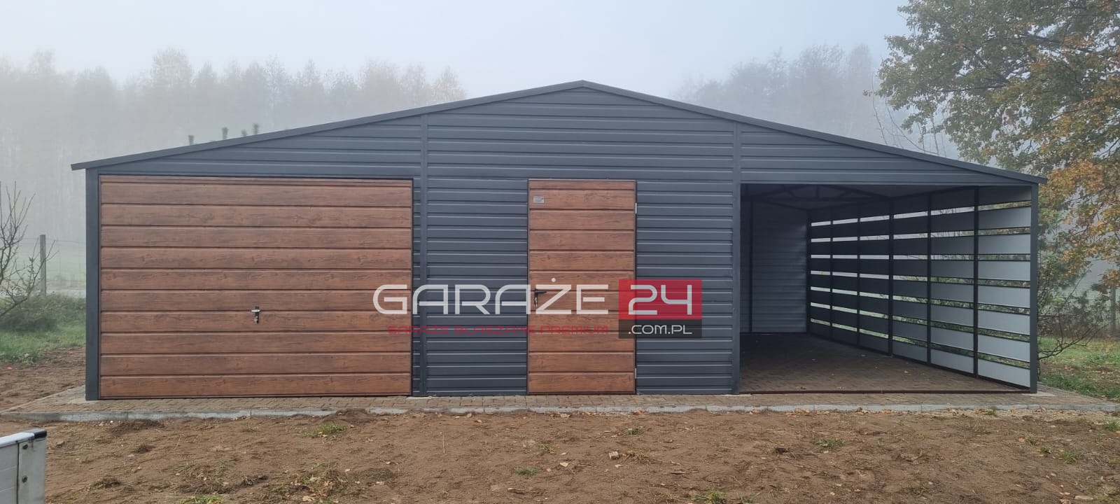 Garaż blaszany Premium, 9m szeroki ( 6m garaż + 3m wiata) 6m długi, brama uchylna , drzwi ,wzmocniony profilem zamkniętym ocynkowanym