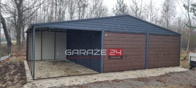 Garaż blaszany PREMIUM 9m szeroki ( 6m garaż + 3m wiata) 6m długi, grafit mat + ciemny orzech , wzmocniony profilem zamkniętym ocynkowanym