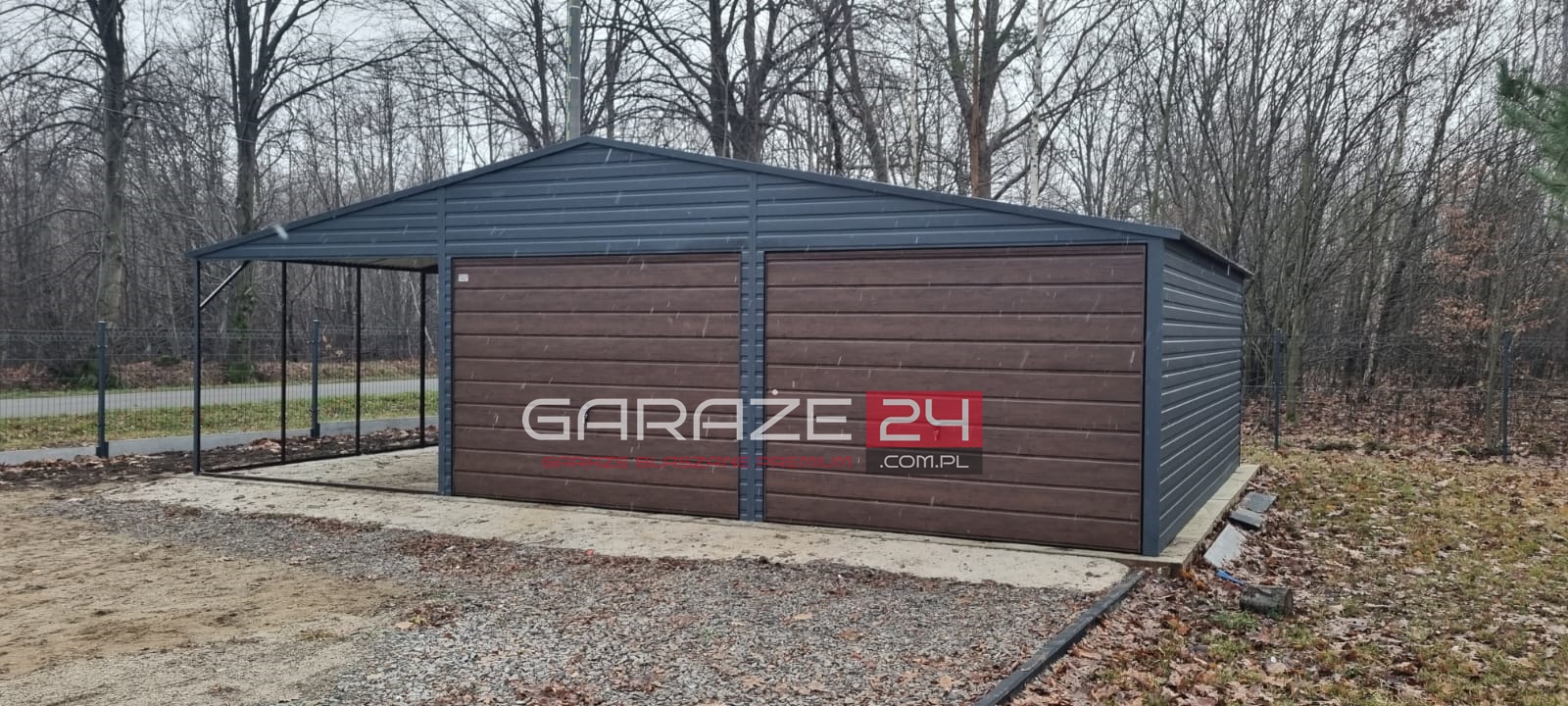 Garaż blaszany PREMIUM 9m szeroki ( 6m garaż + 3m wiata) 6m długi, grafit mat + ciemny orzech , wzmocniony profilem zamkniętym ocynkowanym - obrazek 4