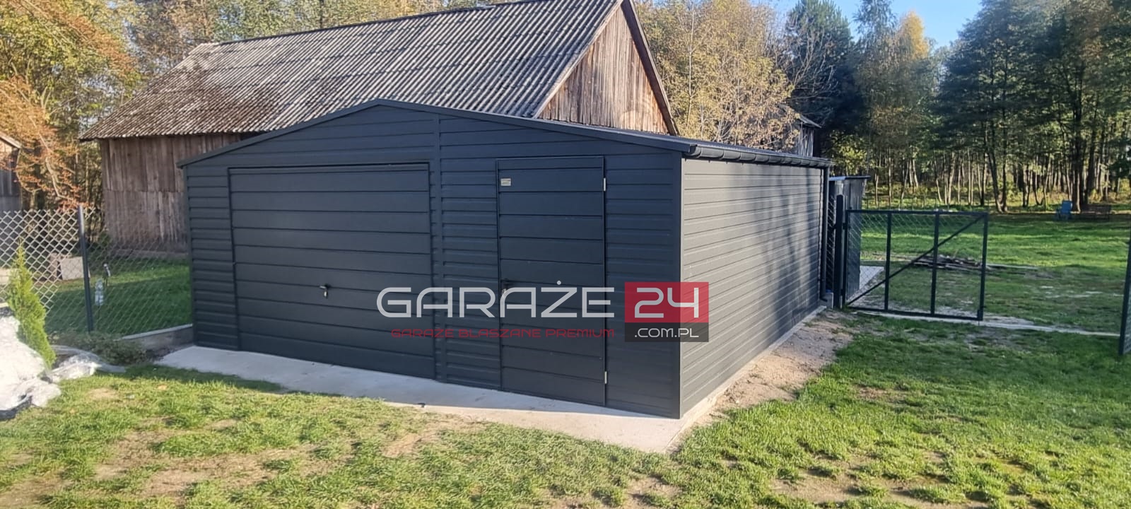 Garaż blaszany na zgłoszenie PREMIUM 5,5x6m grafit mat , brama uchylna + drzwi, wzmocniony profilem zamkniętym ocynkowanym