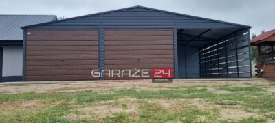 Garaż blaszany dwustanowiskowy z wiatą, 9m szeroki ( 6m garaż + 3m wiata) 6m długi, dwie bramy uchylne, wzmocniony profilem zamkniętym ocynkowanym