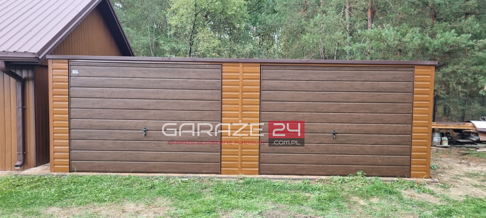 Garaż blaszany Premium, 7x5m do 35m2 na zgłoszenie, jasny orzech + ciemny orzech ,dwie bramy uchylne, wzmocniony profilem zamkniętym ocynkowanym