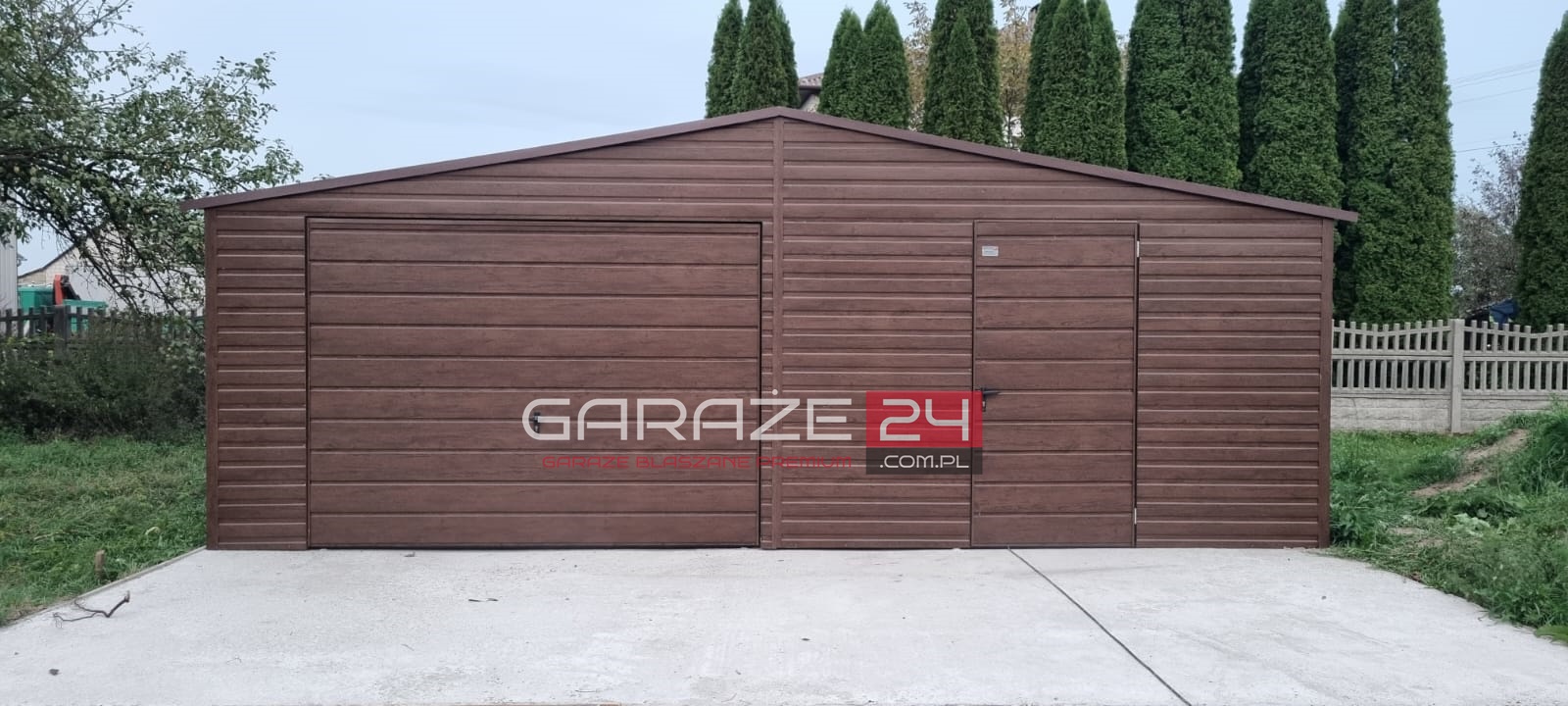 Garaż blaszany PREMIUM 7x5m do 35m2 na zgłoszenie, ciemny orzech , brama uchylna , drzwi ,wzmocniony profilem zamkniętym ocynkowanym