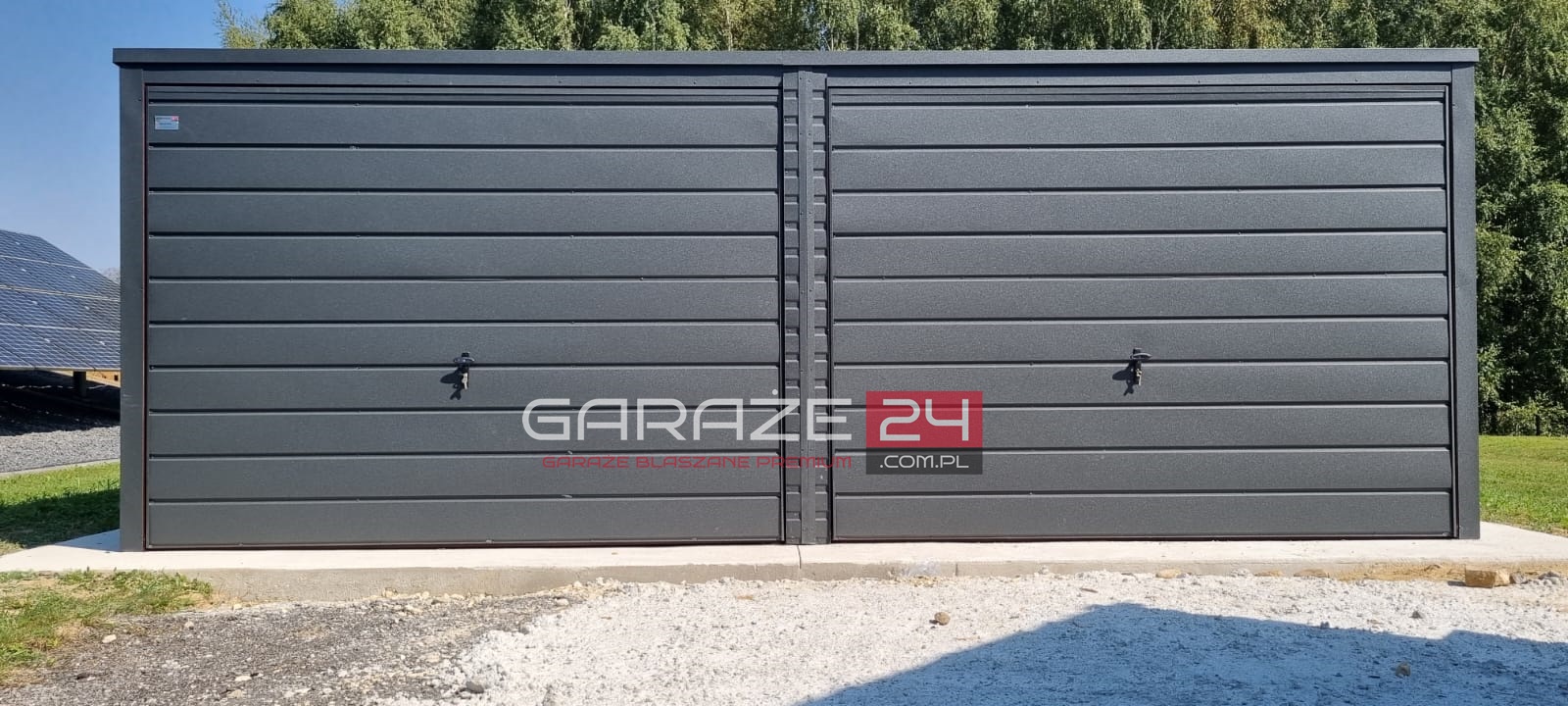 Garaż blaszany PREMIUM 6×5,80m, do 35m2 na zgłoszenie,  grafit mat , dwie bramy uchylne , wzmocniony profilem zamkniętym ocynkowanym