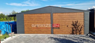 Garaż blaszany Premium 8m szeroki ( 7m garaż + 1m wiata ) 6m długi,dwie bramy uchylne ,wzmocniony profilem zamkniętym ocynkowanym
