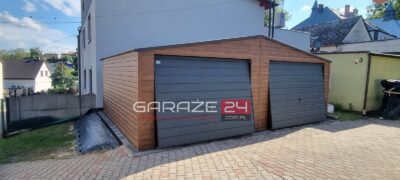 Garaż blaszany PREMIUM 7x6m ciemny orzech + grafit, dwie bramy uchylne, wzmocniony profilem zamkniętym ocynkowanym