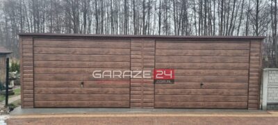 Garaż blaszany PREMIUM 7x6m ciemny orzech , dwie bramy uchylne ,wzmocniony profilem zamkniętym ocynkowanym