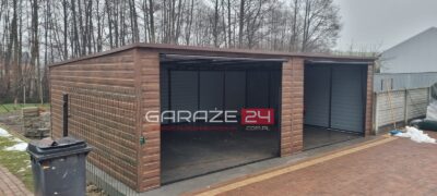 Garaż blaszany Premium 7x5m, do 35m2 na zgłoszenie,  ciemny orzech , dwie bramy uchylne , wzmocniony profilem zamkniętym ocynkowanym