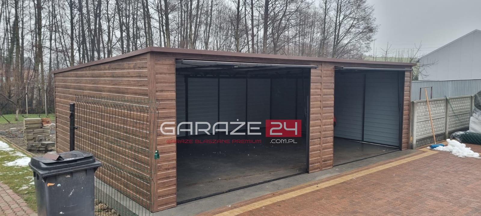 Garaż blaszany Premium 7x5m, do 35m2 na zgłoszenie,  ciemny orzech , dwie bramy uchylne , wzmocniony profilem zamkniętym ocynkowanym